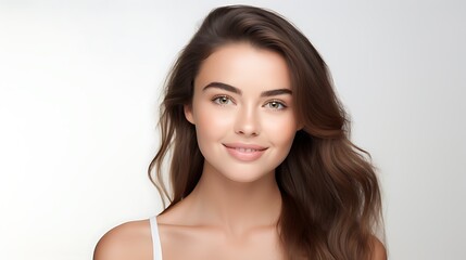 Portrait of young happy woman looks in camera. Skin care beauty, skincare cosmetics, dental concept isolated over white background 