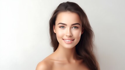 Naklejka premium Portrait of young happy woman looks in camera. Skin care beauty, skincare cosmetics, dental concept isolated over white background 