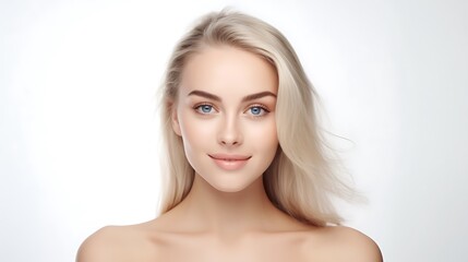 Naklejka premium Portrait of young happy woman looks in camera. Skin care beauty, skincare cosmetics, dental concept isolated over white background 