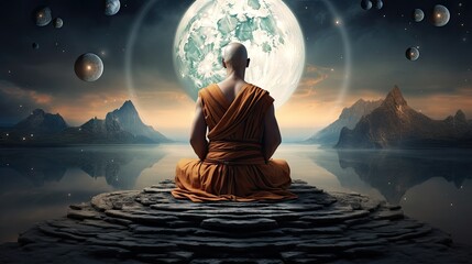  a monk sitting on a rock in front of a full moon with mountains and a body of water in the foreground.  generative ai