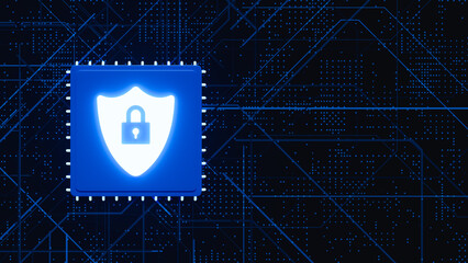 Electronic chip with image of shield and padlock on motherboard, information protection
