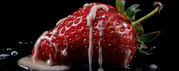 Strawberry fruit with white spot fungus, moldy strawberries, food banner panorama. Generative Ai.