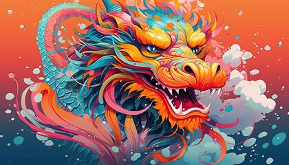 Colorful Chinese dragon in fantasy shape,Illustration of Chinese New Year Symbol for 2024,Year of the dragon chinese celebration,Chinese holiday background with dragon