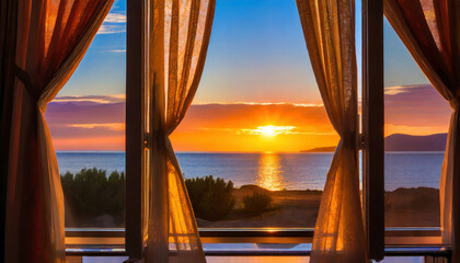 Fototapeta na wymiar Tranquil Sunset over the Sea with Window View