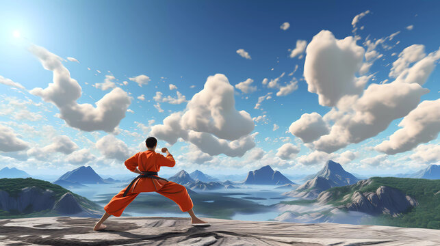 a cartoon character is posed in a karate stance with a mountain background in the background and a blue sky
