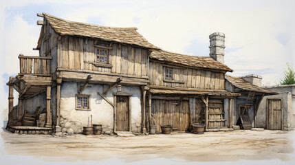 Fototapeta premium Old country, vilage house, farm isolated on the transparent background PNG.