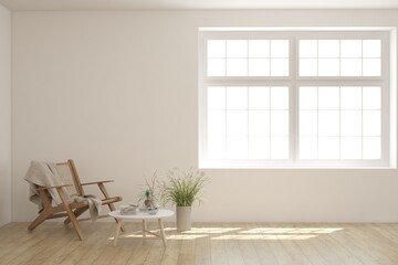 White living room with armchair. Scandinavian interior design. 3D illustration