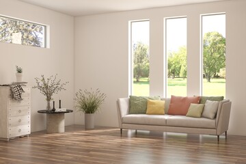 Contemporary classic white interior with furniture and decor and summer landscape in window. Scandinavian interior design. 3D illustration