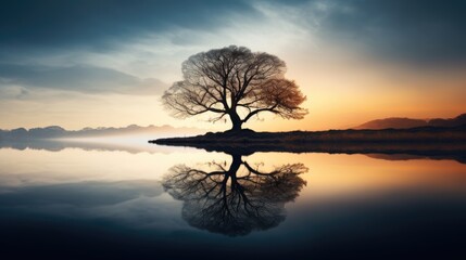 Fototapeta na wymiar a lone tree reflected in a still pond, its distorted image creating a dreamlike quality that captivates the viewer