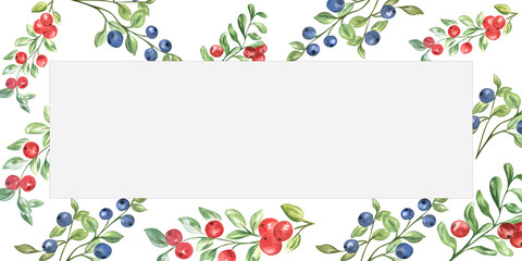Watercolor composition of lingonberries and blueberries on a white background. Self made. Can be used in design, labels, cards, advertising brochures, children's books.