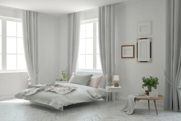 White bedroom concept. Scandinavian interior design. 3D illustration