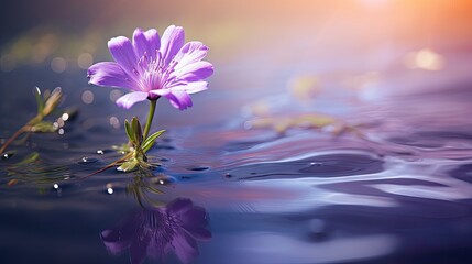 Naklejka na ściany i meble a purple flower floating on top of a body of water with drops of water on the surface of the water. generative ai
