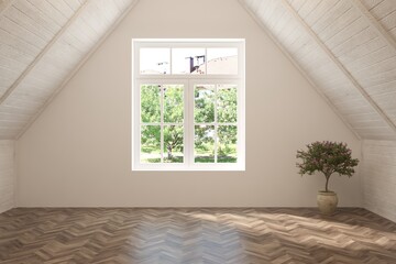 White empty room with summer landscape in window. Scandinavian interior design. 3D illustration