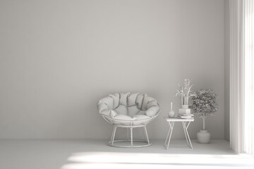 White living room with armchair. Scandinavian interior design. 3D illustration