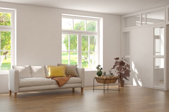 Contemporary classic white interior with furniture and decor and summer landscape in window. Scandinavian interior design. 3D illustration