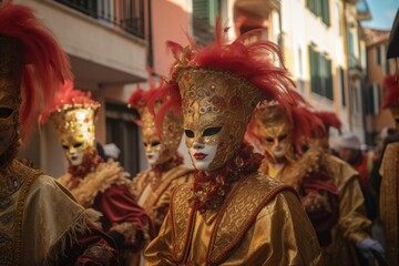 Fototapeta na wymiar A masked group participating in a traditional Venetian masquerade parade, with lively music and vibrant floats. The photo captures the festive spirit and grandeur of the Carnival celebration.