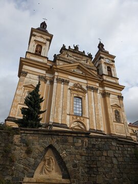 Cathedral church in the center of Sternberk, Moravia, featuring historic sacred architecture, stone facade, and a prominent religious landmark in the old town.