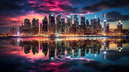  city skyline at dusk, its myriad lights mirrored in the harbor below, creating a dazzling spectacle of color and light
