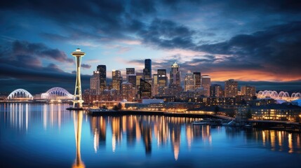 Fototapeta premium city skyline at dusk, its myriad lights mirrored in the harbor below, creating a dazzling spectacle of color and light 