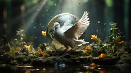 Peace on earth with a Dove in front of an Earth globe. - obrazy, fototapety, plakaty