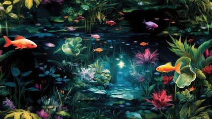 Fototapeta na wymiar a painting of an underwater scene with goldfish and other tropical plants and plants in the foreground and a light at the end of the scene. generative ai