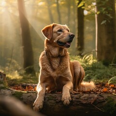golden retriever dog in forest with sunlight