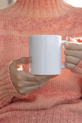 Mug Mockup, 11oz Coffee Mug Mockup, Woman Holding Mug, Cozy Sweater Mug, Modern Mug, Minimal Winter Styled Stock