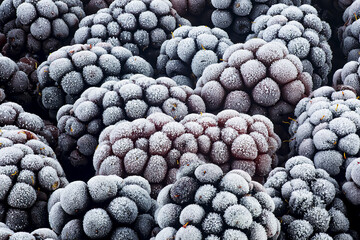Frozen blackberries as background, macro. Blackberries covered by hoarfrost.