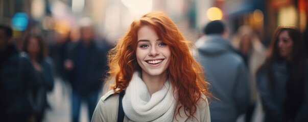 Portrait of happy young caucasian redhead women in streets of night city, panorama. Generative Ai.