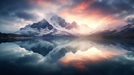 the perfect symmetry of a mountain range reflected in a tranquil lake, blurring the line between reality and illusion