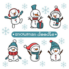Set of cute cartoon snowmans for content , banner, stickers and greeting card, christmas and new year. The collection of funny snowmen in doodle style. Vector