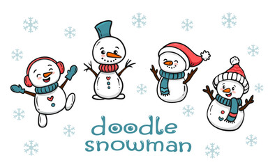 Set of cute cartoon snowmans for content , banner, stickers and greeting card, christmas and new year. The collection of funny snowmen in doodle style. Vector