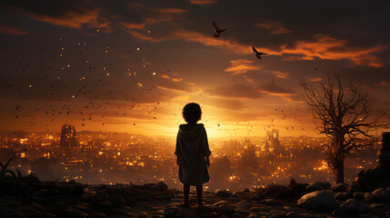 Fototapeta premium Young orphaned refugee silhouette standing in front of their destroyed city in flames looking at 2 birds in the sky.