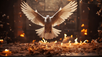 Dove of Peace with wings spread a flying towards camera over hot coals and flames.