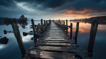 an old wooden pier reflected in the calm sea, evoking feelings of nostalgia and tranquility