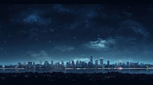  a view of a city at night with stars in the sky and a body of water in the foreground.  generative ai