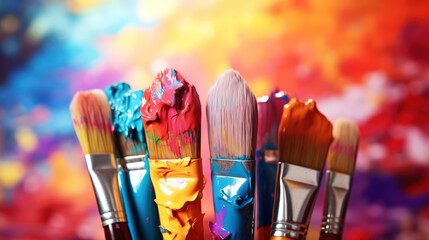 Set of artistic brushes on a colored painted background. Soft focus.