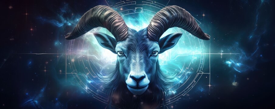 Zodiac sign of capricorn head with light in star wheel , horoscope panorama. Generative Ai.