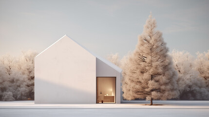 Christmas tree in Modern house exterior inspired by minimalism. Afternoon light. House and Christmas Tree. Empty in Space