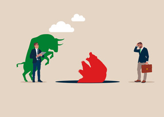 Bear fell into a pit. Global economy crash or boom. Bear and Bull fighting.  Modern vector illustration in flat style