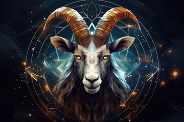 Zodiac sign of capricorn head with magic light in star wheel , horoscope. Generative Ai. - obrazy, fototapety, plakaty