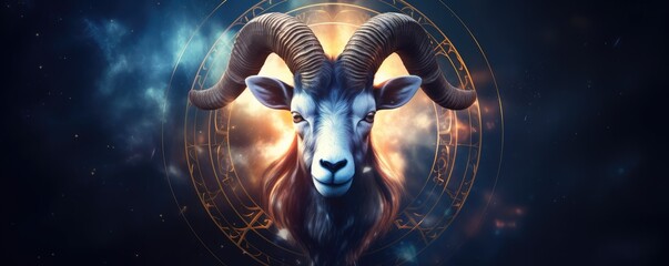 Zodiac sign of capricorn head with light in star wheel , horoscope panorama. Generative Ai.