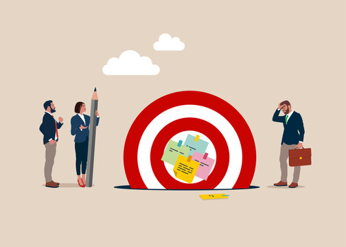 Goal on notes on dartboard target fell into a pit. Business failure, plans failed. Vector illustration