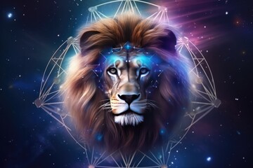 Zodiac sign of leo lion head fantasy lights dark horoscope. Generative Ai. - obrazy, fototapety, plakaty