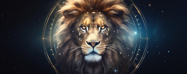 Zodiac sign of leo lion head fantasy lights dark, panorama horoscope. Generative Ai.