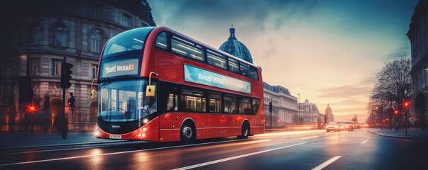 Fototapeta na wymiar Red modern style London Doubledecker Bus in almost night city.