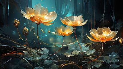  a painting of a bunch of flowers in a forest with a bright light coming from the center of the flowers.  generative ai