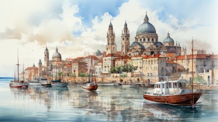 A Venice illustration in colorful watercolors.