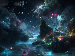 Dark Forest Art Print, Digital art, Illuminated city skyline under a starry night sky
