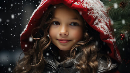 Portrait of a young girl in a  red hooded coat in the snow